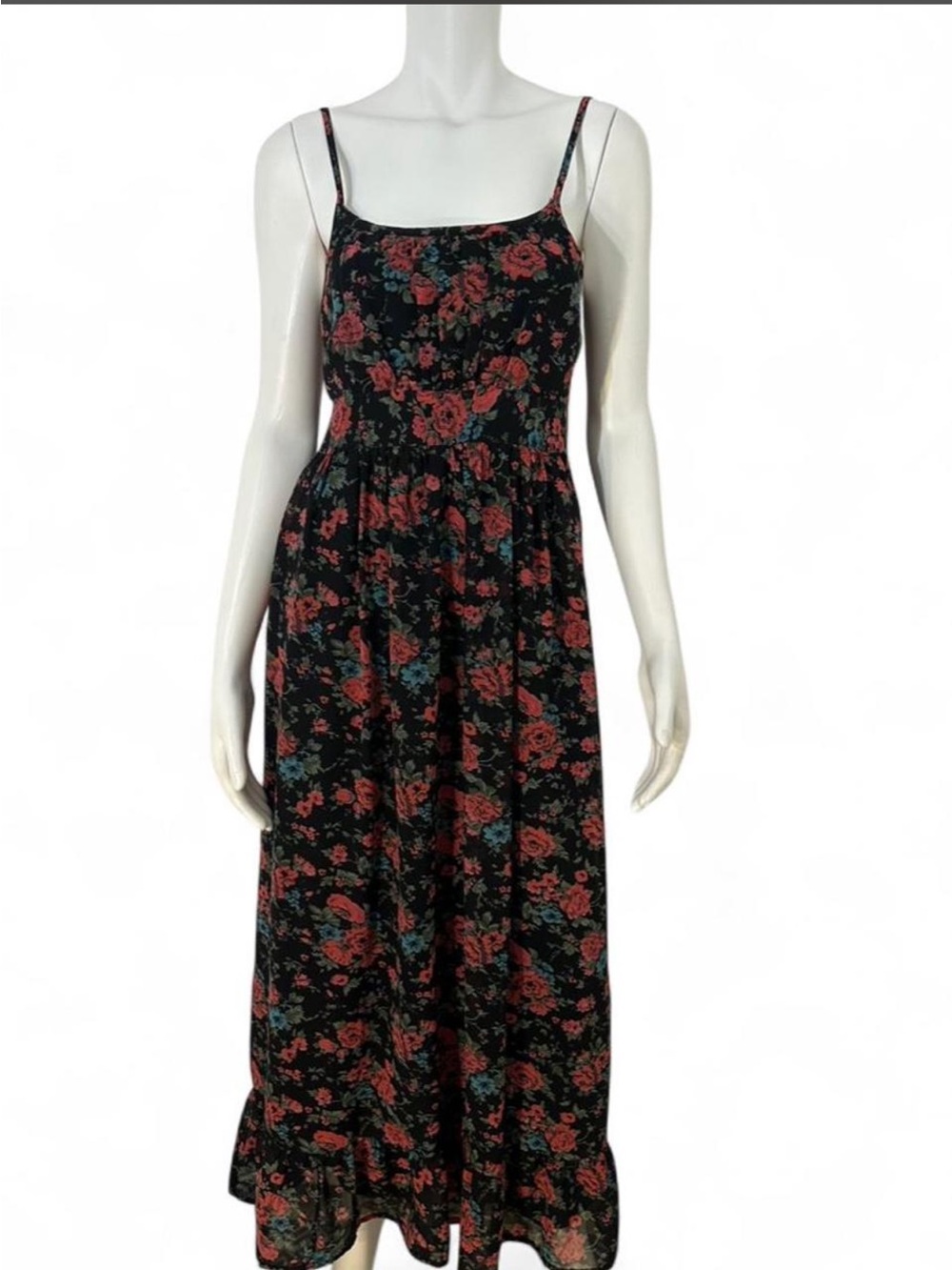 Pins‎ & Needles Black & Pink Floral Maxi Dress with ruffle hem ✨